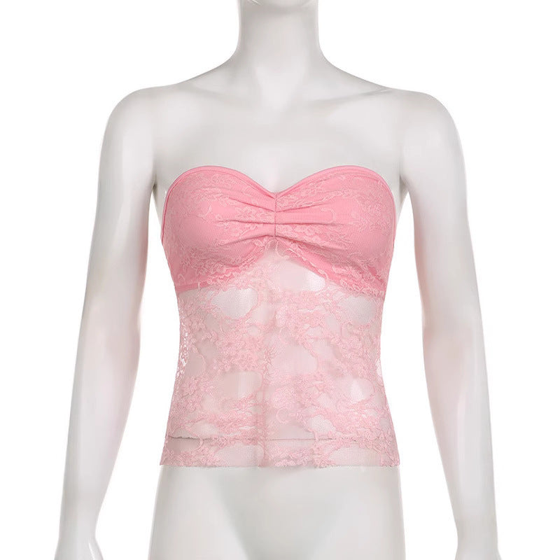 Damen Spitzen-Crop-Top mit elegante Raffung und transparenter Details Echo Archiv