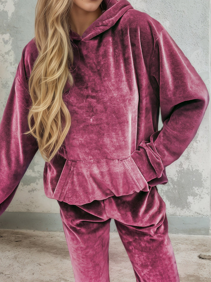 Damen Samt-Jogginganzug mit Kapuzenhoodie, Kängurutasche und elastischer Bündchenhose Echoarchiv