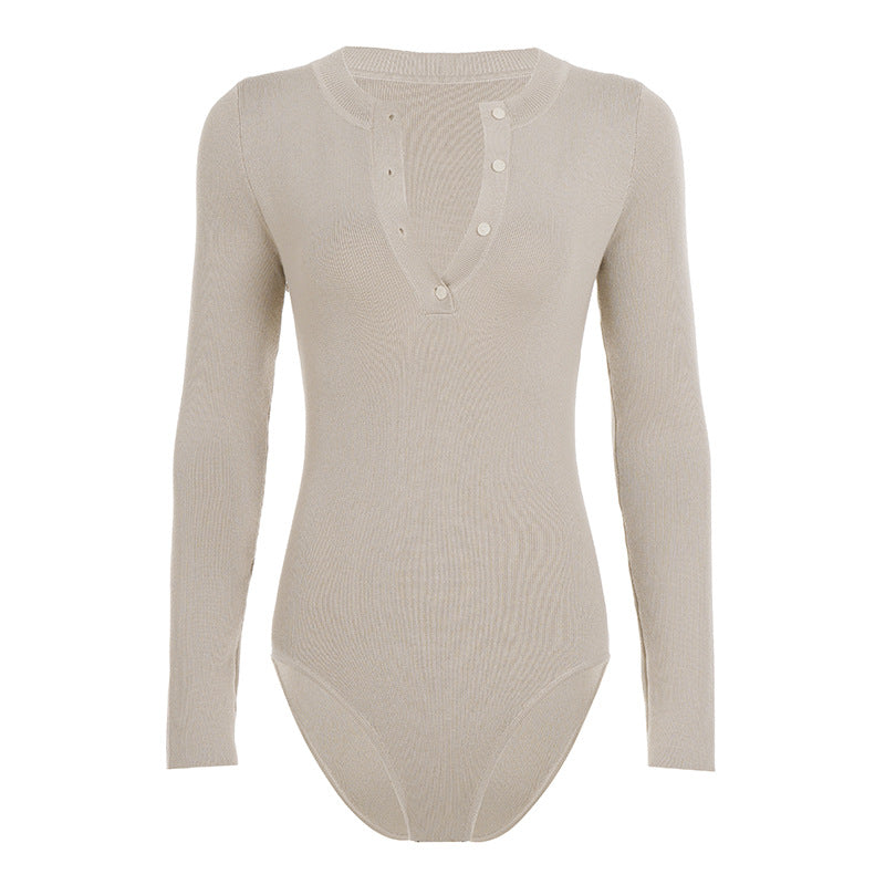 Damen Langarm-Bodysuit mit Knopfleiste und Rippstruktur Echo Archiv