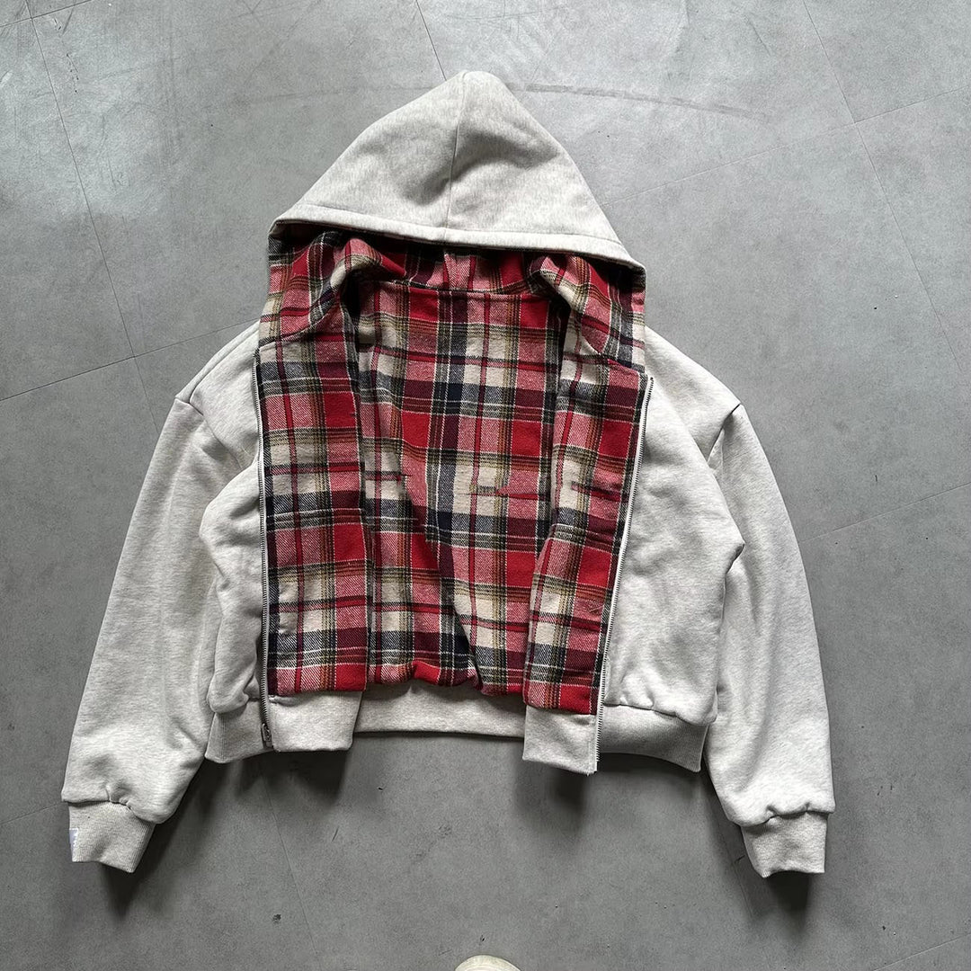 Herren gepolsterter Hoodie mit kariertem Futter und durchgehendem Reißverschluss Echoarchiv