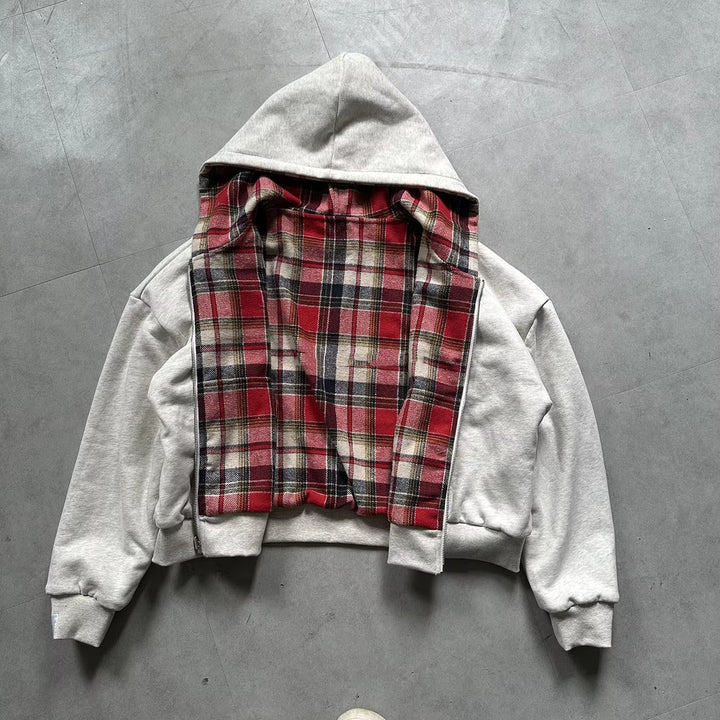 Herren gepolsterter Hoodie mit kariertem Futter und durchgehendem Reißverschluss Echoarchiv