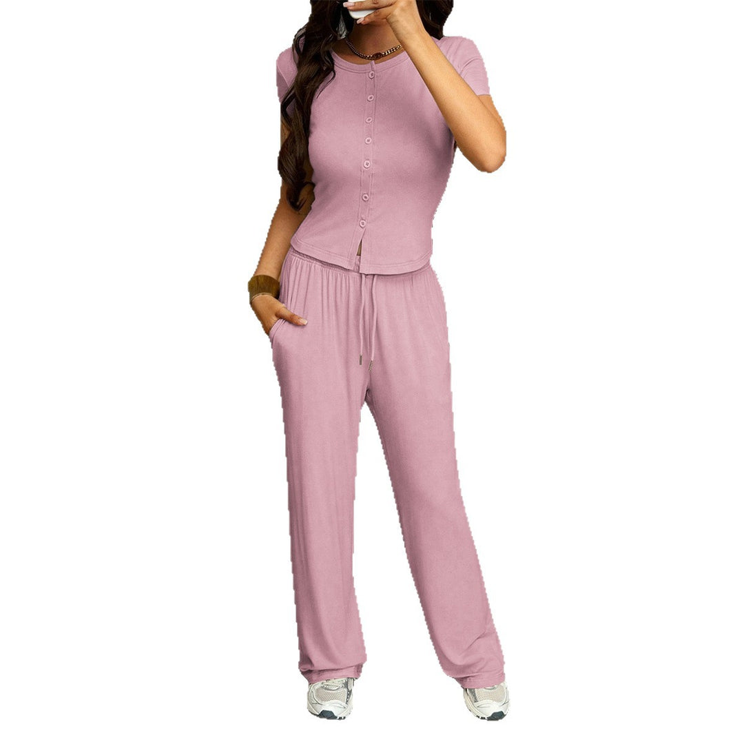 Damen Bequemes Zweiteiliges Set mit Kurzarmoberteil und lockerer Hose Echo Archiv