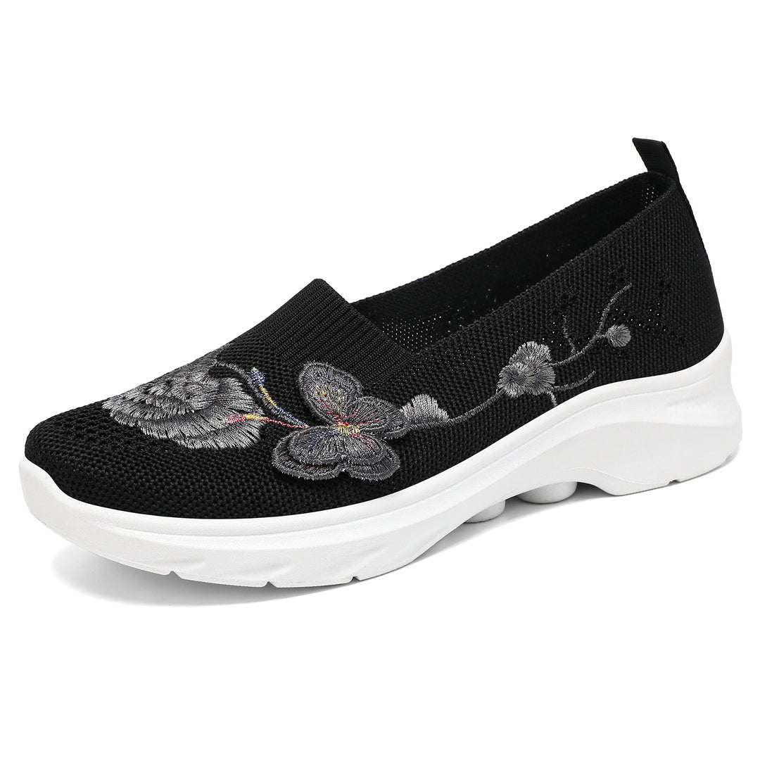 Damen nan gestrickte Slip-On Slipper mit Schmetterlings-Stickapplikation und dämpfender EVA-Plateausohle Echo Archiv