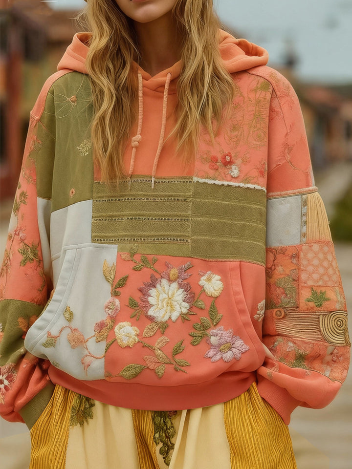 Damen Bestickter Patchwork-Kapuzenpullover mit Blumenapplikation und Kängurutasche – Auréline