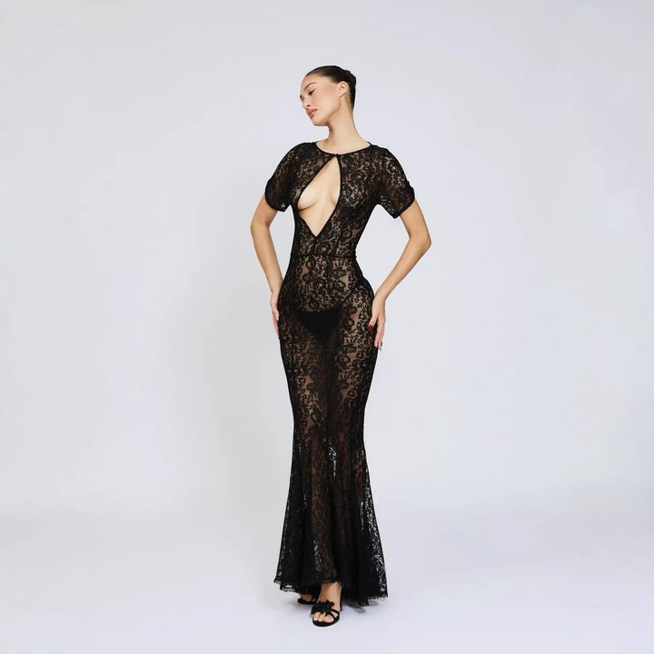 Damen Spitzenkleid mit tiefem Ausschnitt und ausgestelltem Schnitt Echo Archiv