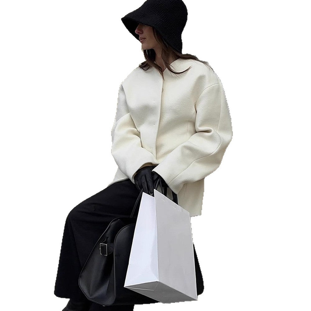 Damen Taillierter kragenloser Wollmix-Kurzmantel mit klarer Silhouette Echoarchiv