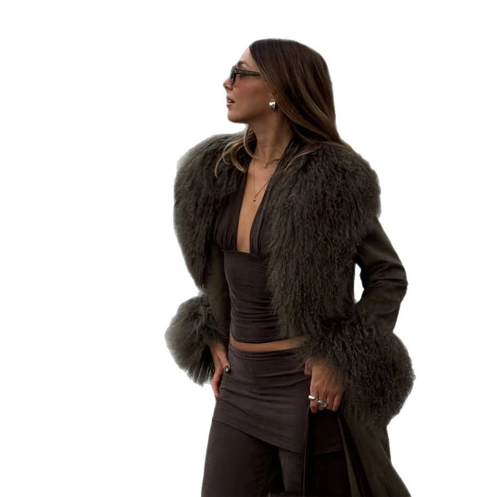 Damen Midilanger Bindemantel aus Veloursleder‑Optik mit Oversize-Fellkragen und voluminösen Fellmanschetten Echoarchiv