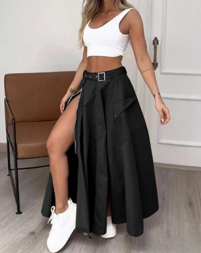 Damen Maxirock mit hohem Beinschlitz, Cargo-Taschen und Taillengürtel – Rosévia