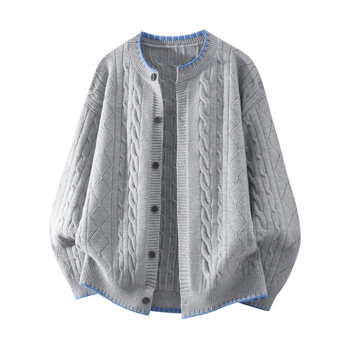 Damen Oversize Zopfmuster-Cardigan mit Rundhalsausschnitt, Ballonärmeln & Kontrastnaht Echoarchiv