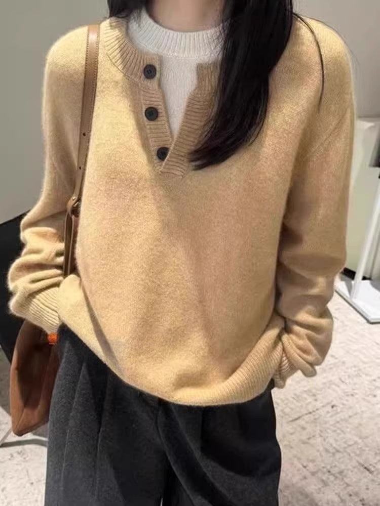 Damen Oversize-Henley-Pullover aus flauschigem Mohair‑Look mit Knopfleiste Echoarchiv
