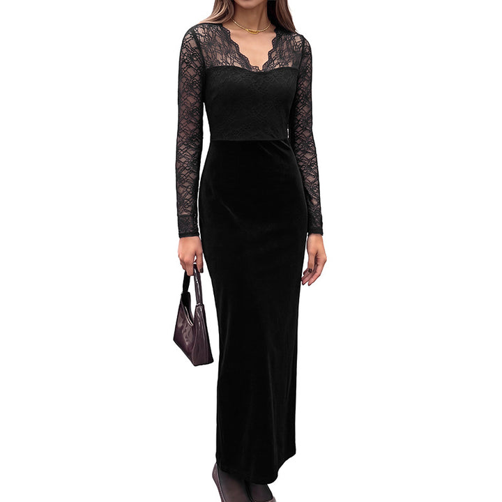 Damen Elegantes Langarm Maxikleid aus Samt und Spitze Echo Archiv