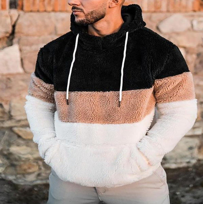 Herren Farbblock-Teddy-Fleece Kapuzenpullover mit Kängurutasche und Tunnelzug Echoarchiv