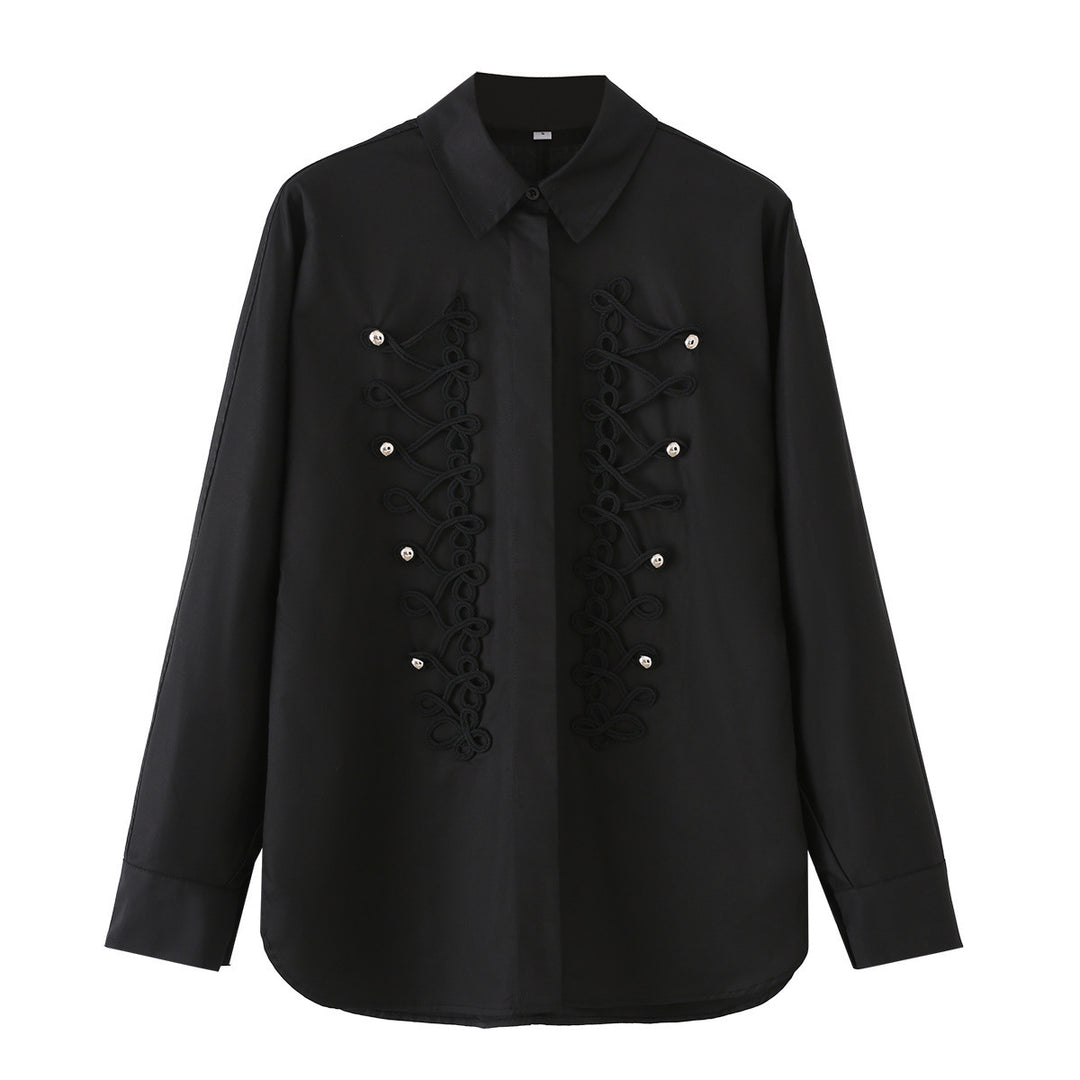 Damen Langärmlige Oversize-Bluse mit verdeckter Knopfleiste und dekorativen Kordelapplikationen Echo Archiv