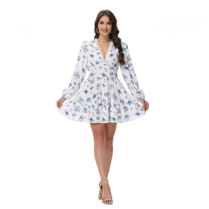 Damen Boho-florales Minikleid mit V-Ausschnitt und Puffärmeln – Élara