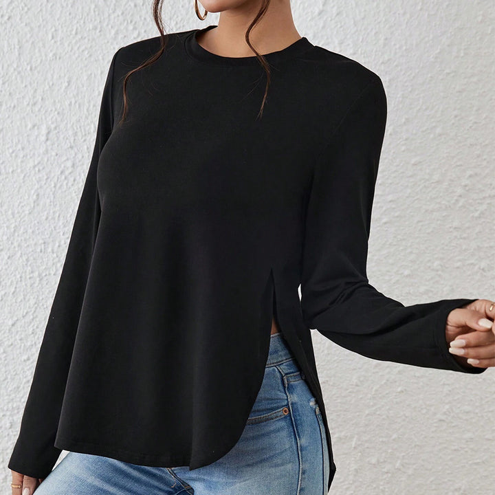 Damen Langarmshirt mit seitlichen Schlitzen, Rundhalsausschnitt und entspannter Casual-Passform – Avérine