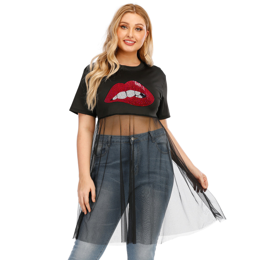 Damen modisches Crop-Top mit transparentem Überwurf und Glitzerbesatz Echo Archiv