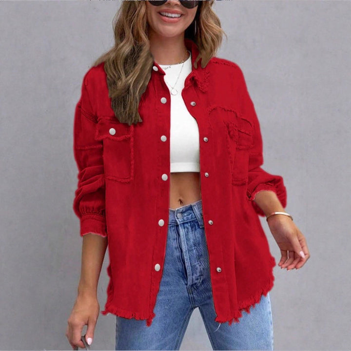 Damen Oversize-Jeanshemdjacke mit Fransenabschluss, Pattentaschen und Druckknopf-Front Echo Archiv