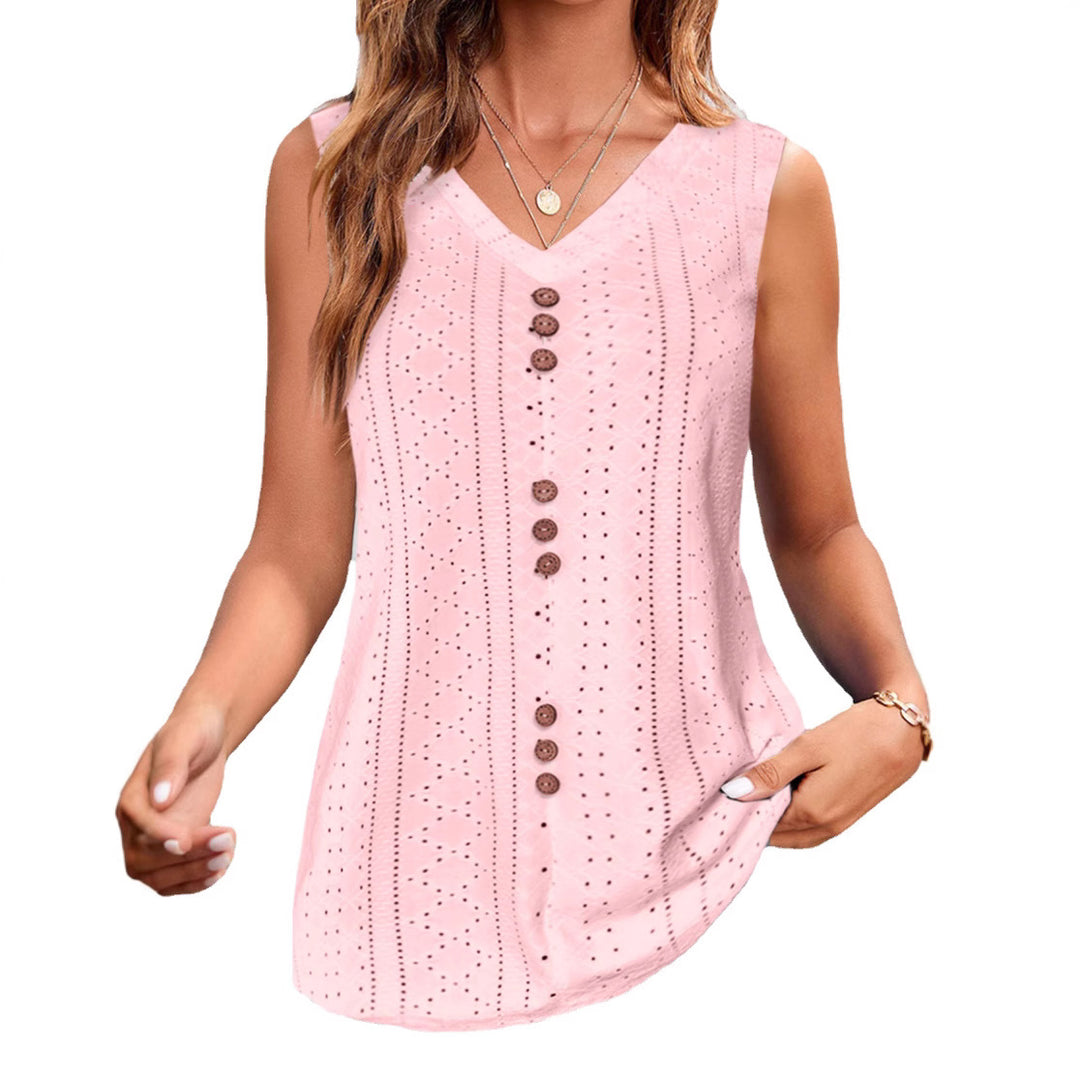 Damen nan ärmelloses Broderie-Anglaise-Top mit V-Ausschnitt und dekorativer Zierknopfleiste Echo Archiv