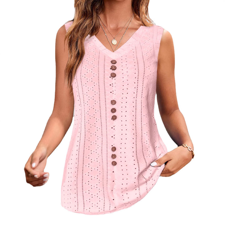 Damen nan ärmelloses Broderie-Anglaise-Top mit V-Ausschnitt und dekorativer Zierknopfleiste Echo Archiv
