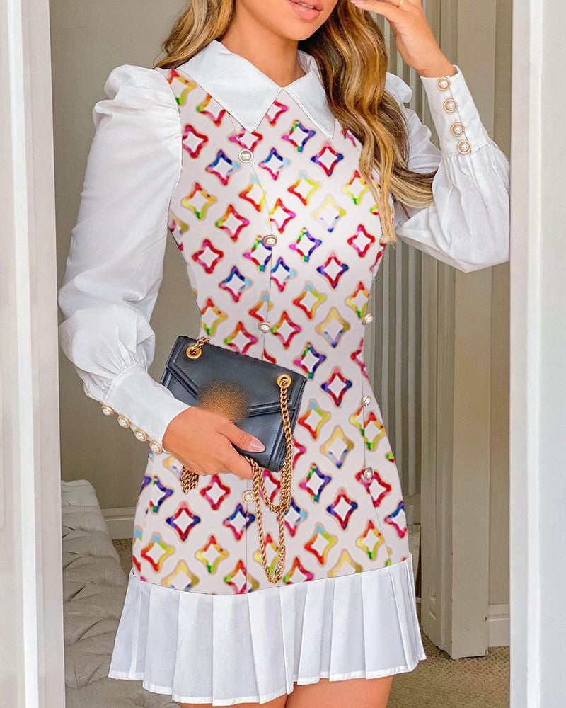 Damen Elegantes Hemdblusenkleid mit Puffärmeln Perlenknopfleiste und plissiertem Saum Echo Archiv