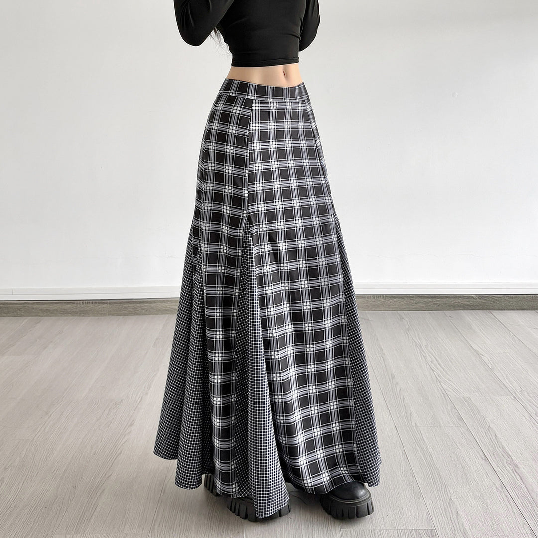 Damen Maxirock mit taillierter Passform, kontrastierenden Karopaneelen und ausgestellter Godet-Silhouette – Rosévia