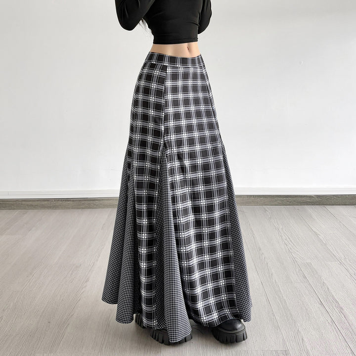 Damen Maxirock mit taillierter Passform, kontrastierenden Karopaneelen und ausgestellter Godet-Silhouette – Rosévia
