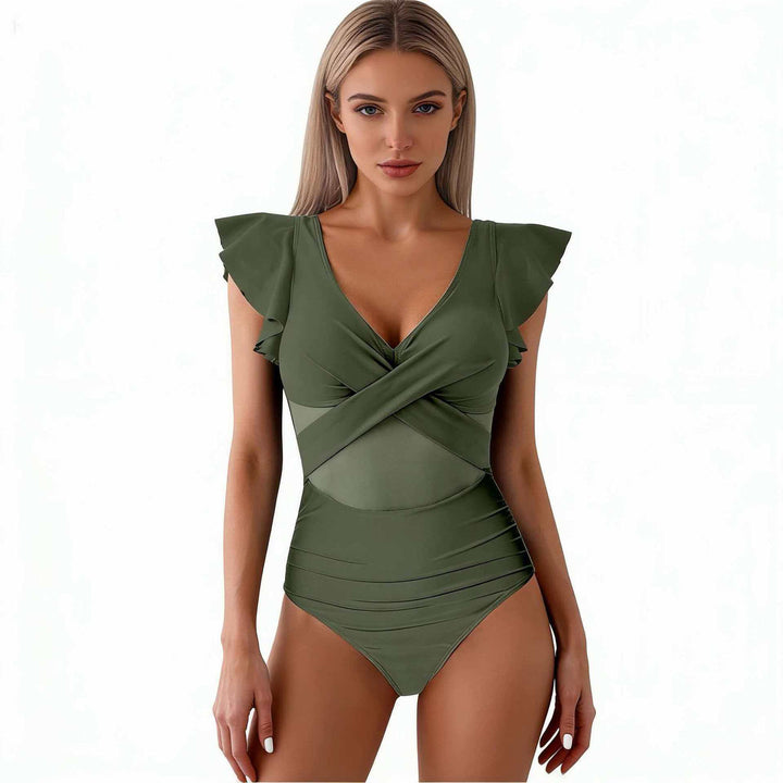 Damen Eleganter Badeanzug mit raffinierten Rüschendetails und transparenter Einsätzen Echo Archiv