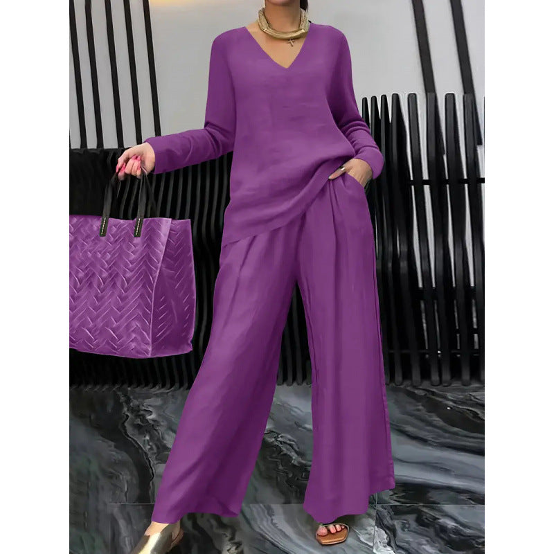 Damen Feiner V-Ausschnitt Strickpullover mit fließender Palazzo-Hose Echo Archiv