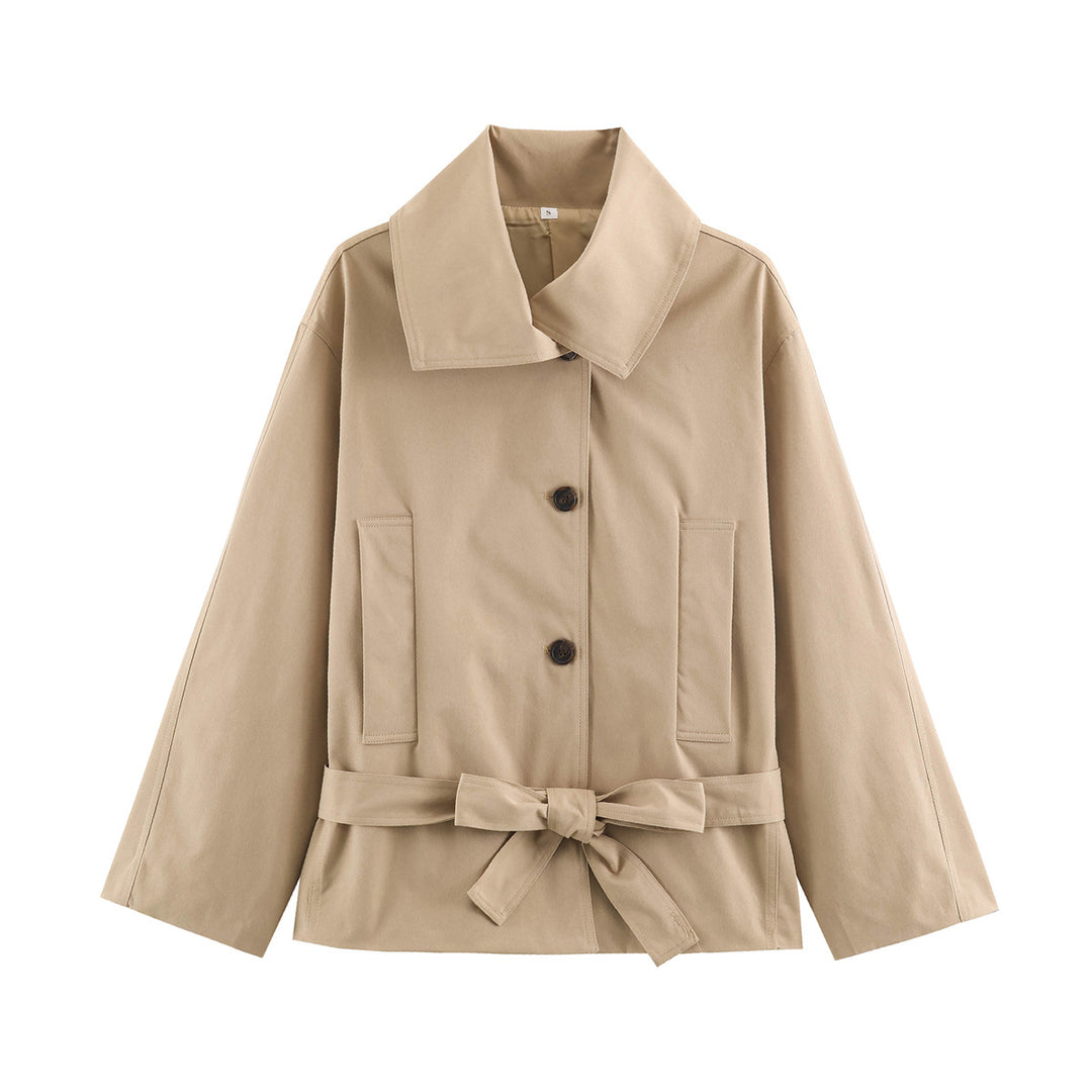 Damen Cropped Taillierte Übergangsjacke mit Bindegürtel und übergroßem Hemdkragen Echoarchiv