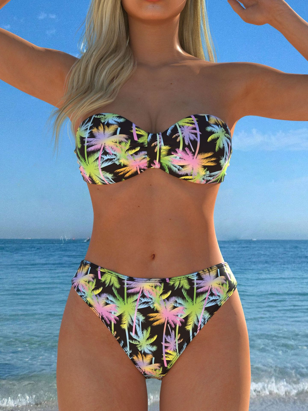 Damen Bandeau-Bikini mit farbenfrohem Palmenmuster und hohem Taillenschnitt Echo Archiv