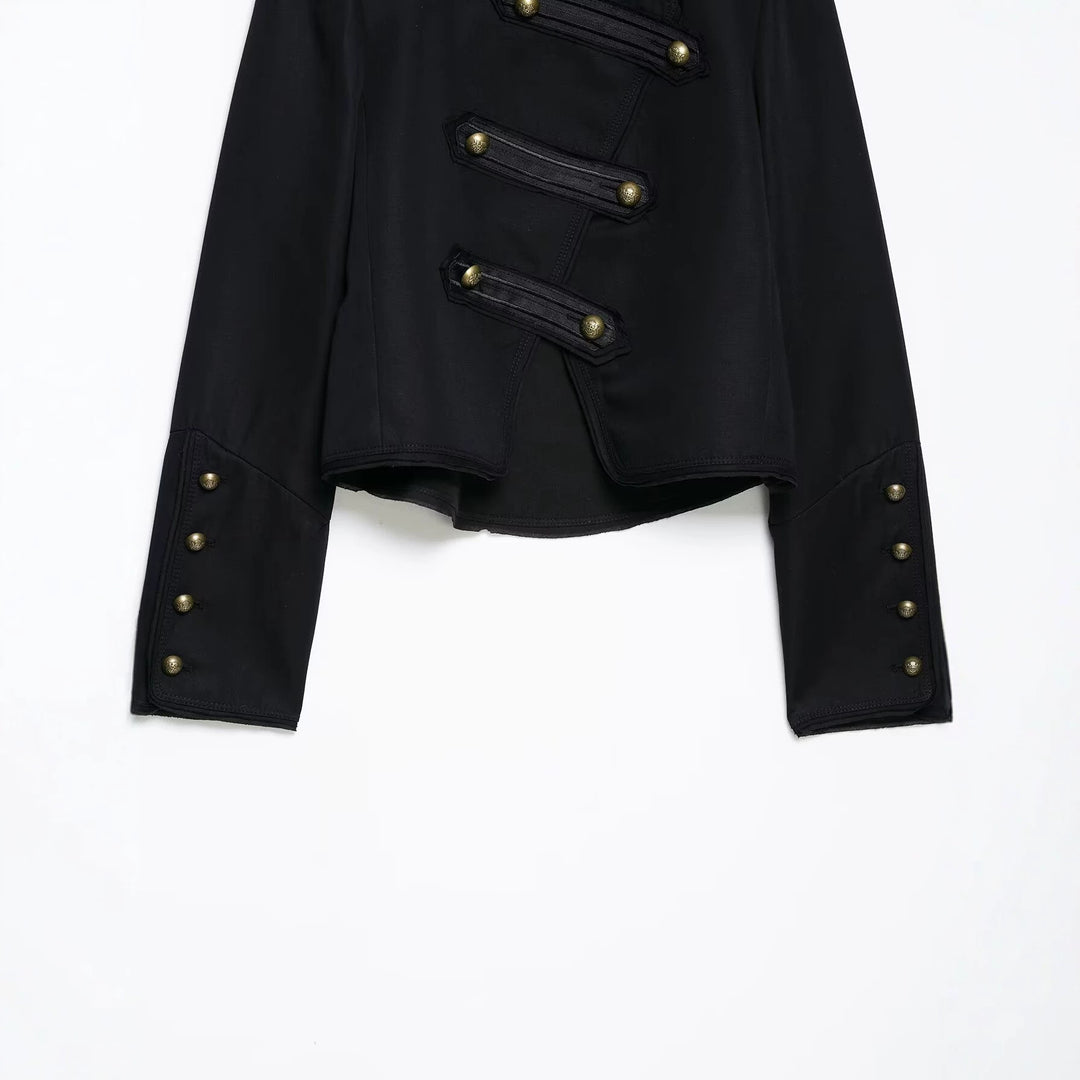 Damen Kurzgeschnittene militärisch inspirierte Jacke mit Stehkragen, Zierpatten und Metallknöpfen Echo Archiv