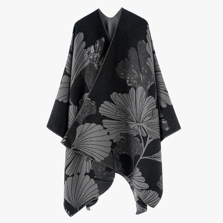 Damen Jacquard‑Capeponcho mit großflächigem Blatt‑Jacquard und offenem Wickelschnitt – Montévia