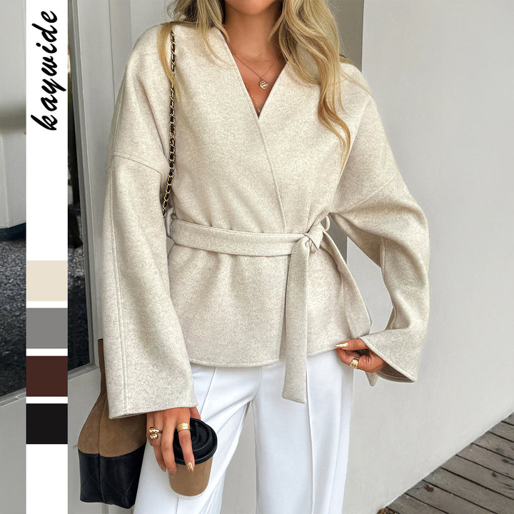 Damen taillierter Wollmix-Mantel mit Kimonoärmeln und Bindegürtel – Montévia