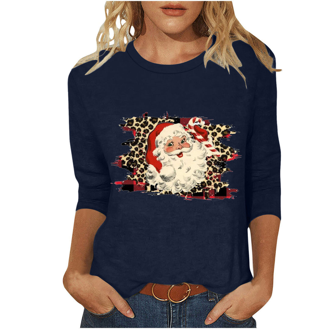 Damen lässiges Sweatshirt mit Retro-Weihnachtsmann-Print, Leoparden- und Karomuster und dreiviertelärmel – Avérine