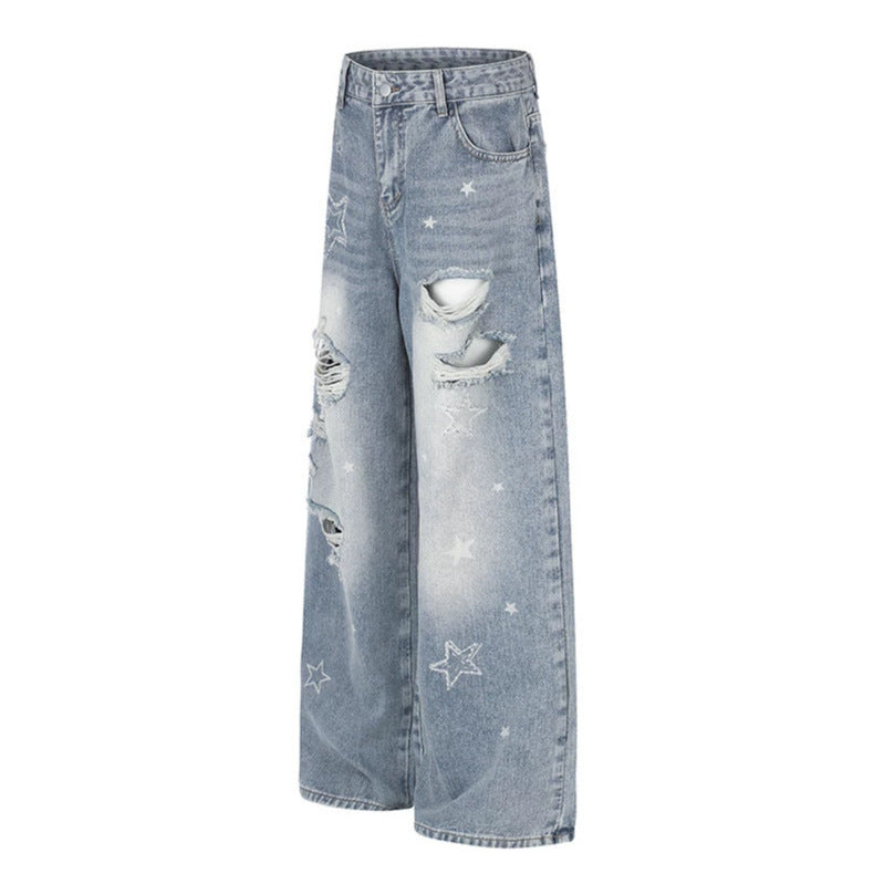 Damen Weite Distressed Palazzo-Jeans mit Stern-Stickerei Echoarchiv