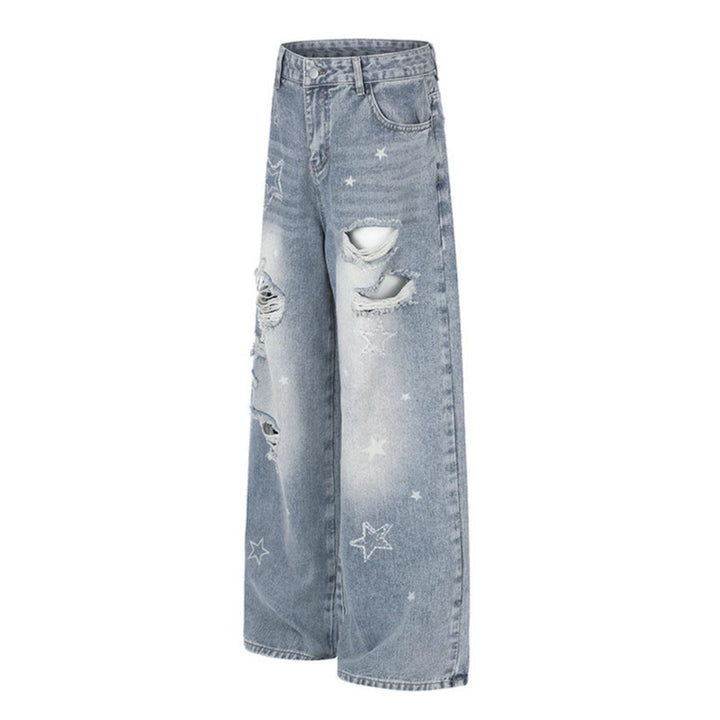 Damen Weite Distressed Palazzo-Jeans mit Stern-Stickerei Echoarchiv
