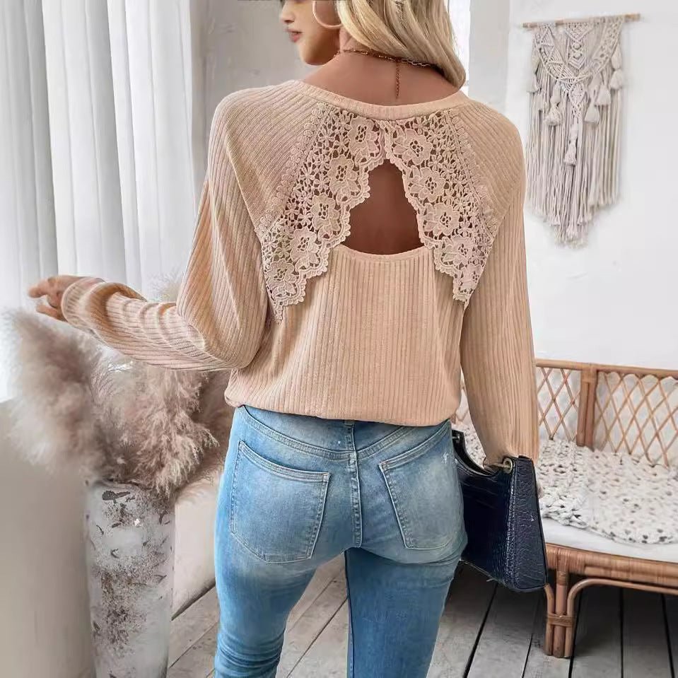 Damen nan Rippenstrick-Langarmshirt mit floraler Spitzenapplikation und markantem Rückenausschnitt Echo Archiv