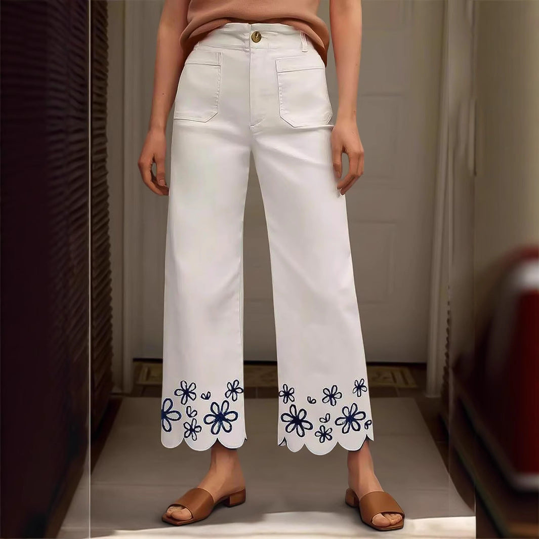 Damen Weite Culotte-Jeans mit gesticktem Blumenmuster Echo Archiv