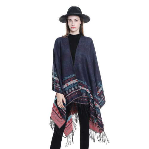 Damen Wollmix-Kimono-Poncho mit Norwegerbordüre und Fransen Echo Archiv