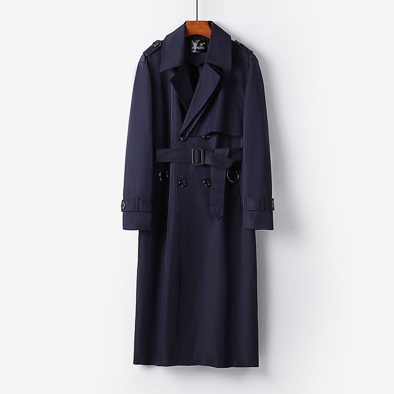 Herren Eleganter knöchellanger Trenchcoat mit verdeckter Knopfleiste und Taillengürtel Echoarchiv