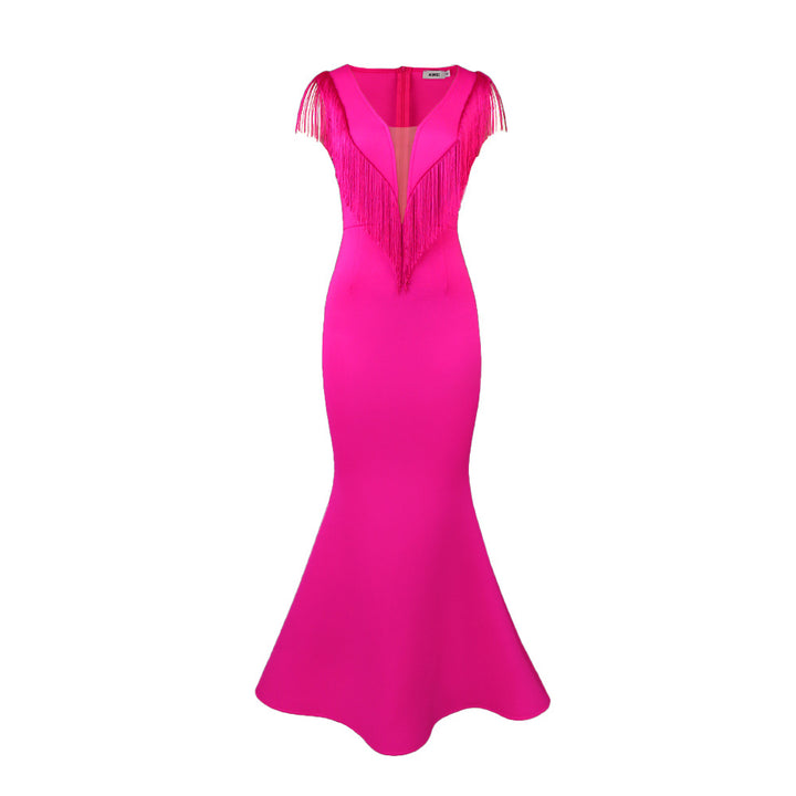 Damen figurbetontes Abendkleid mit Fransen und tiefem V-Ausschnitt Echo Archiv