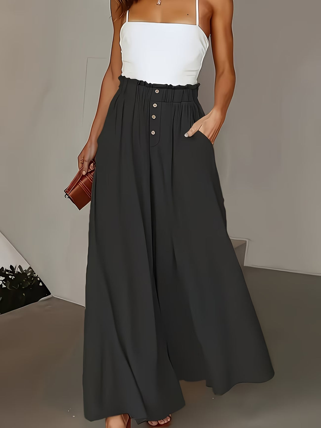 Damen weite Leinenhose mit hohem, gerafftem Bund und Knopfverzierung Echo Archiv