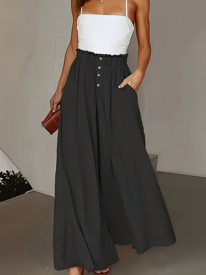 Damen weite Leinenhose mit hohem, gerafftem Bund und Knopfverzierung Echo Archiv