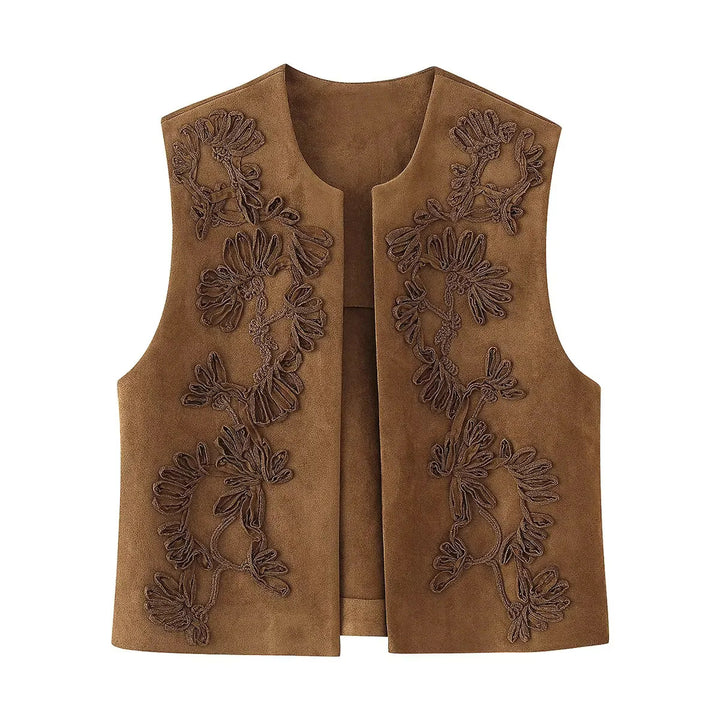 Damen bestickte Wildlederweste mit offenem Schnitt, floraler Applikation und taillierter Silhouette – Célinea