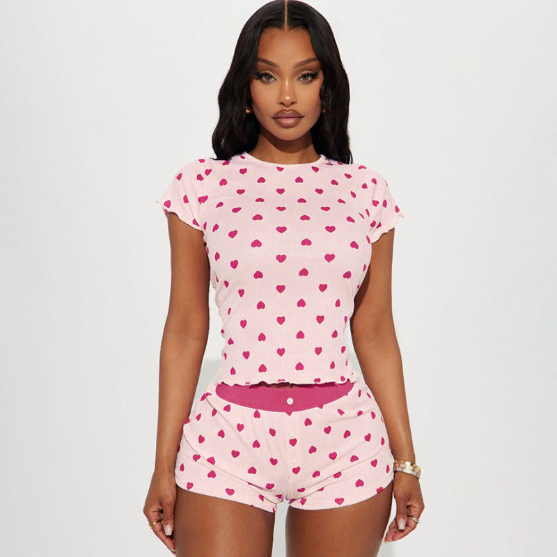 Damen Pyjama Set mit herzförmigem Muster und elastischem Bund Echo Archiv