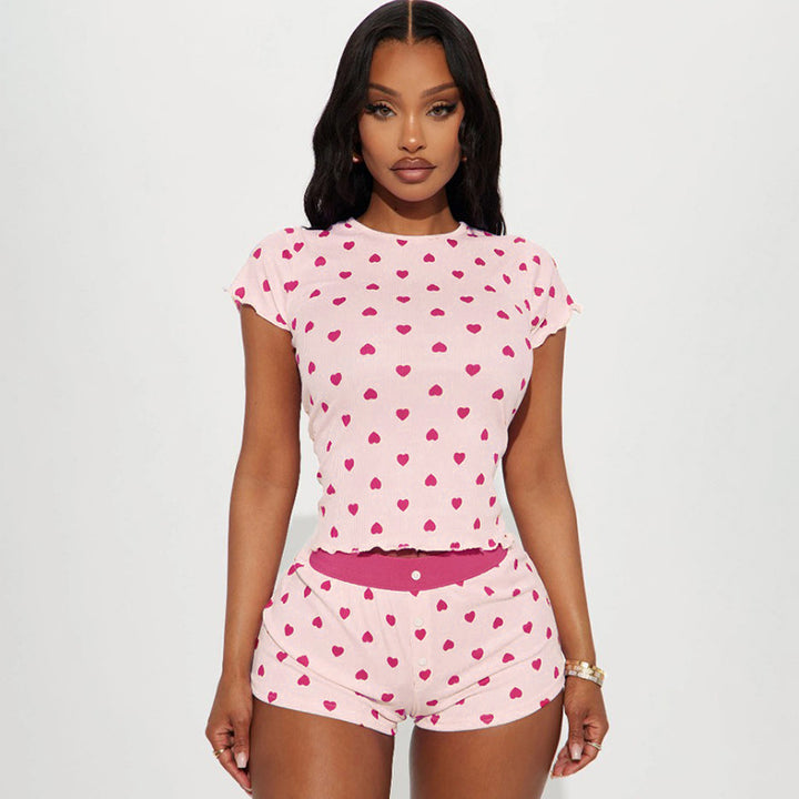 Damen Pyjama Set mit herzförmigem Muster und elastischem Bund Echo Archiv