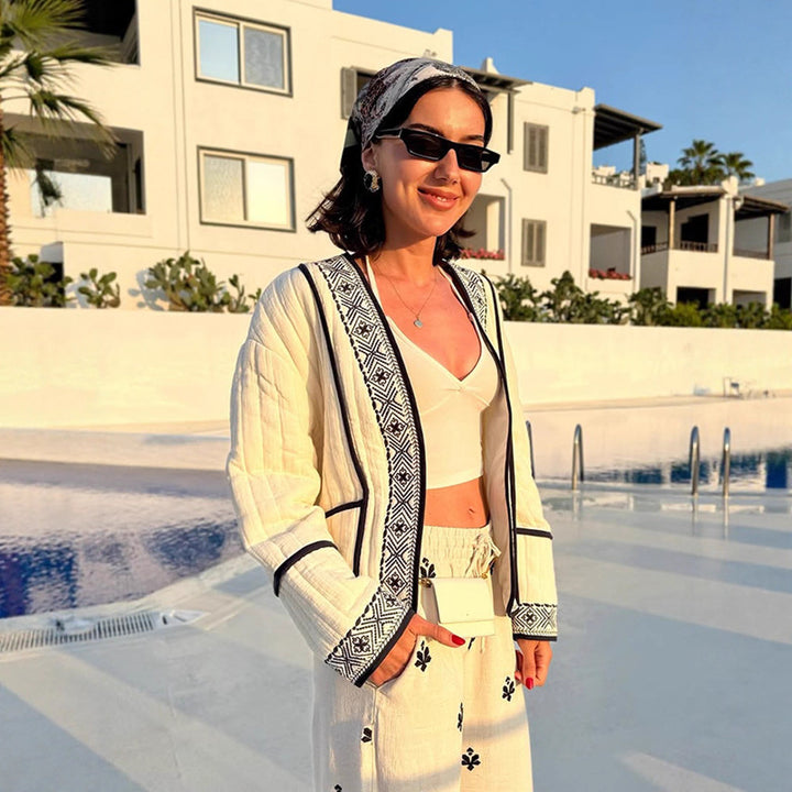 Damen Gestepptes Kimono-Cardigan mit geometrischer Stickbordüre Echoarchiv