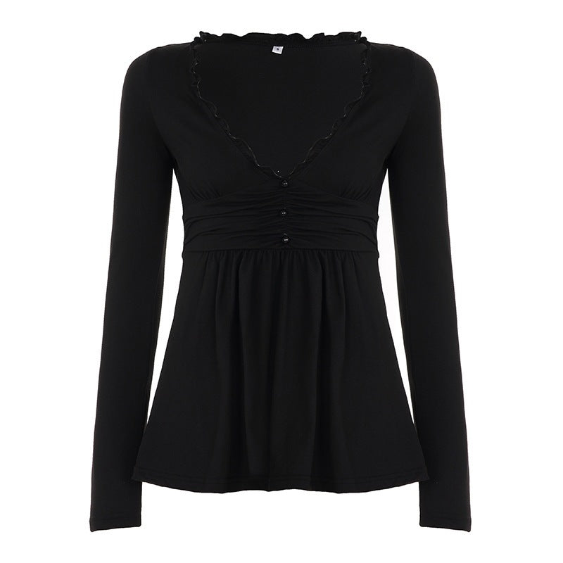 Damen Langarm-Wickelshirt im Empire-Stil mit geraffter Unterbrust und Rüschenkragen – Élovi