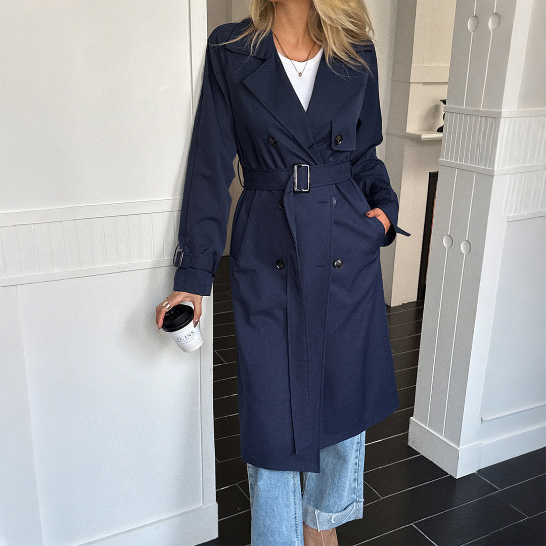 Damen klassischer Trenchcoat mit Doppelreihe, Taillengürtel, verstellbaren Manschetten und geraden Knopfleiste – Avérine