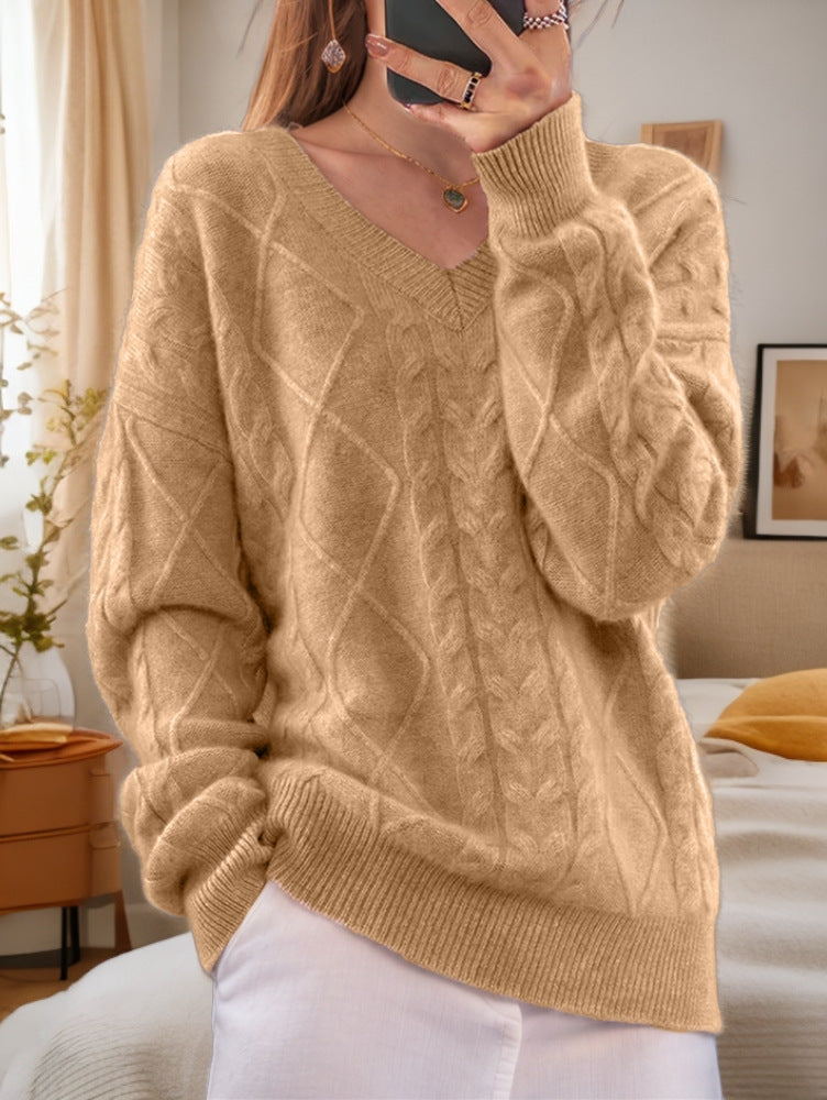 Damen nan kuscheliger V-Ausschnitt Zopfmuster-Pullover mit Oversize-Schnitt und Rippabschlüssen Echo Archiv